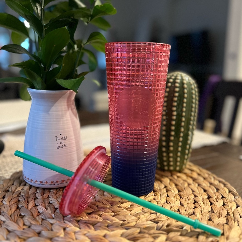 Starbucks 2022 Watermelon Pink and Blue Gradient Ombre Grid Tumbler 24 oz